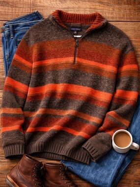 Wool Quarter Zip Sweater Rust Stripe Cozy Fall Lodge Pullover M